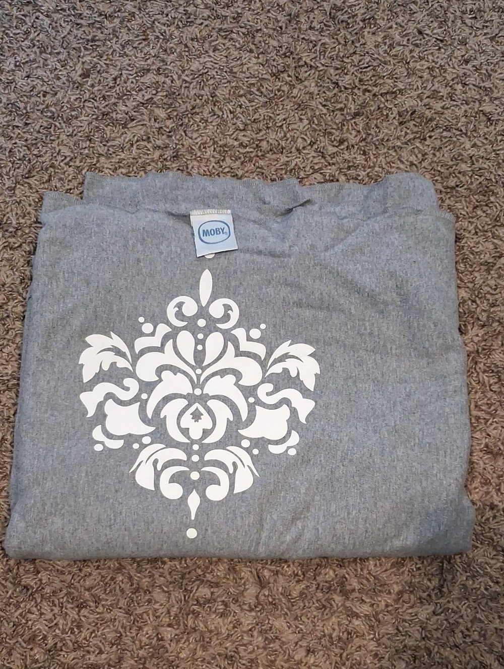 Moby Gray Baby Wrap with White Damask Print Fits Plus Size